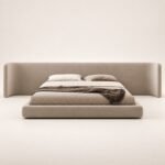 Arc Upholstered Low Platform Bed with Wraparound Headboard – Beige - Image 3