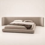 Arc Upholstered Low Platform Bed with Wraparound Headboard – Beige - Image 2